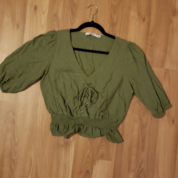 Olive Green Tie Front Peplum Top - Picture 3 of 4